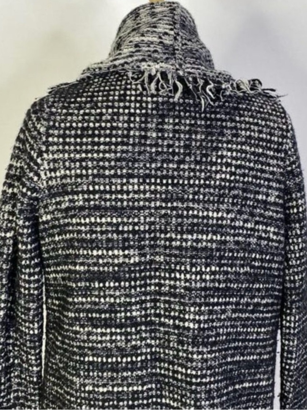 Stunning VINCE Wool Woven Fringe Open-Front Coatigan in Black & White Medium - Picture 3 of 11
